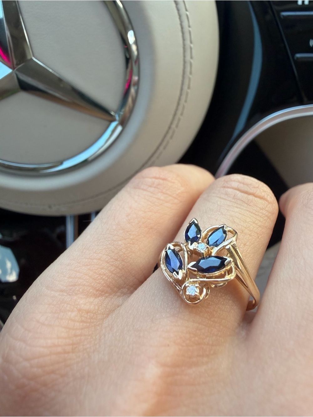 14k Gold Ring with Blue Marquise Gemstones and Accent Diamond